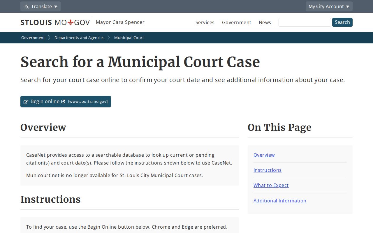 Missouri municipal warrant search guidance in City of St. Louis Case.net instructions