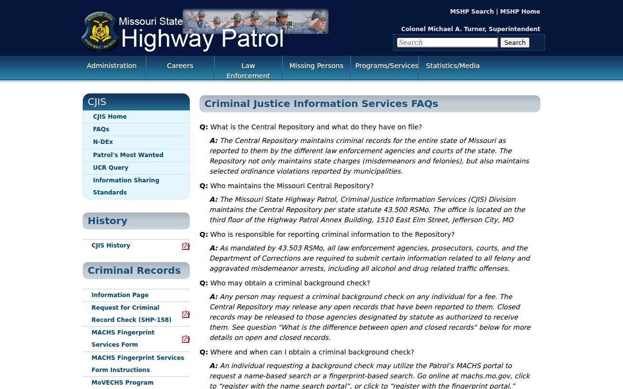Missouri arrest warrant access guidance in the MSHP CJIS public FAQ