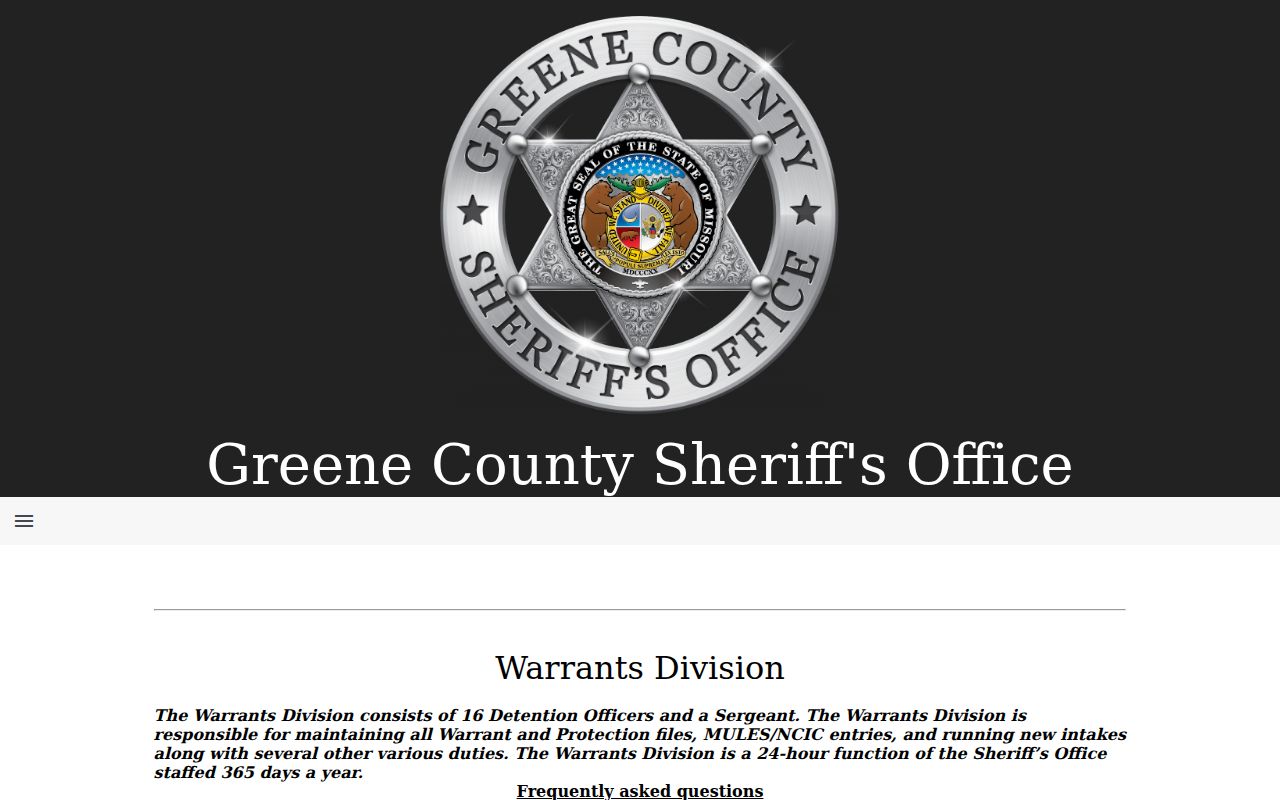 Missouri warrant search guidance on a county sheriff warrants division page