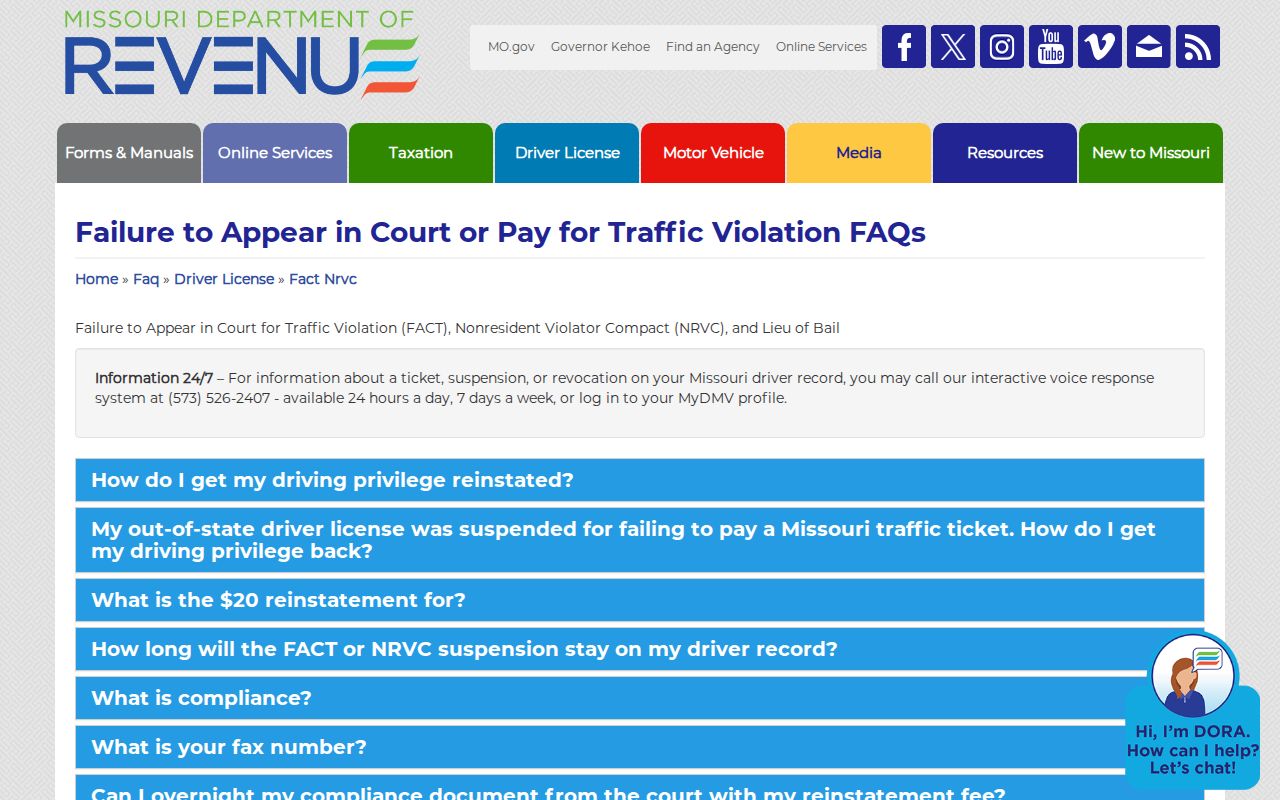 Missouri traffic warrant and DOR FACT NRVC driver-record distinction