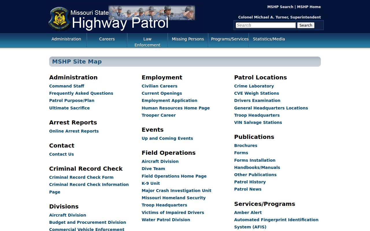 Missouri warrant records guide showing the State Highway Patrol’s Most Wanted program