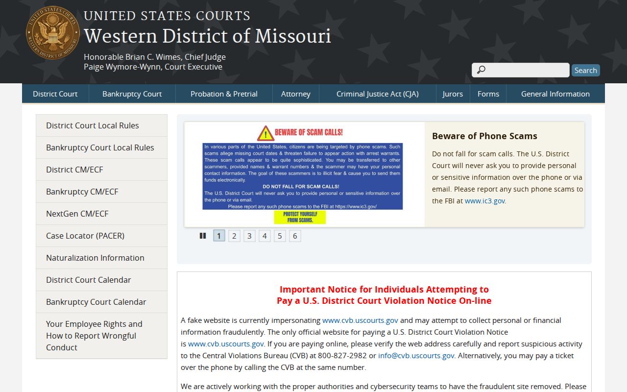 Missouri Western District federal court website with public court and PACER information