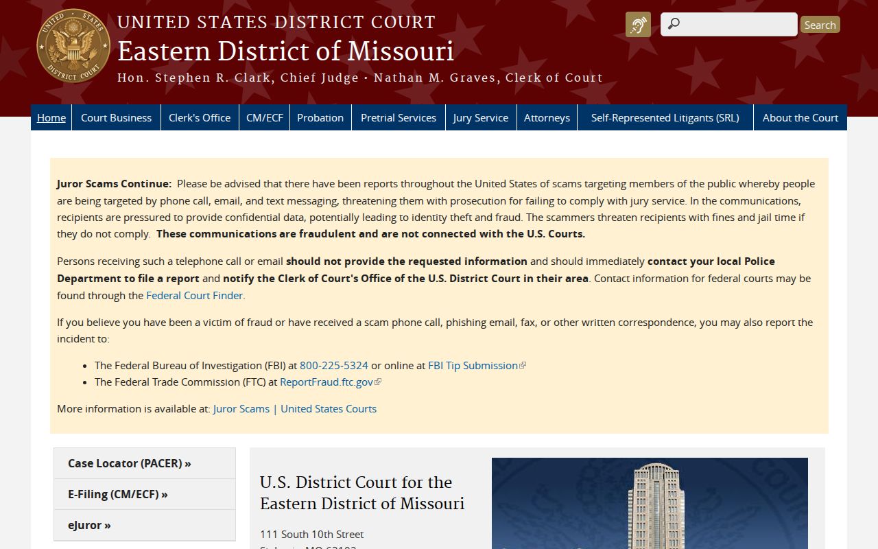Missouri warrant records guide showing the Eastern District federal court homepage