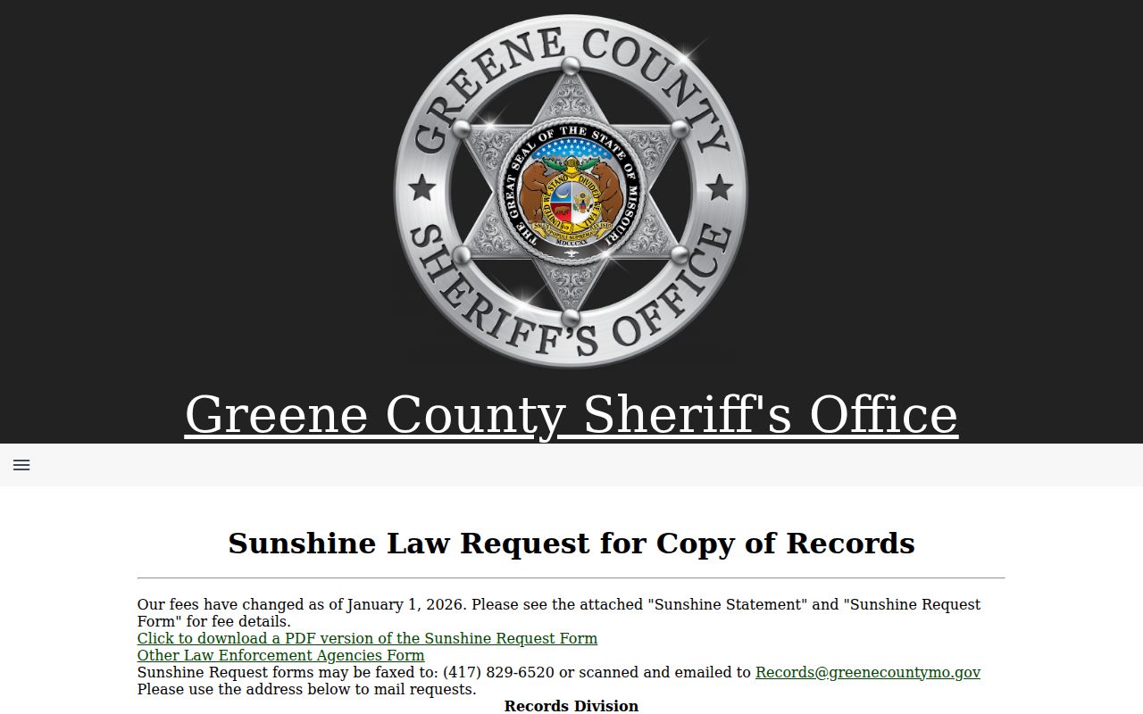 Missouri warrant records request instructions from an official county public request page